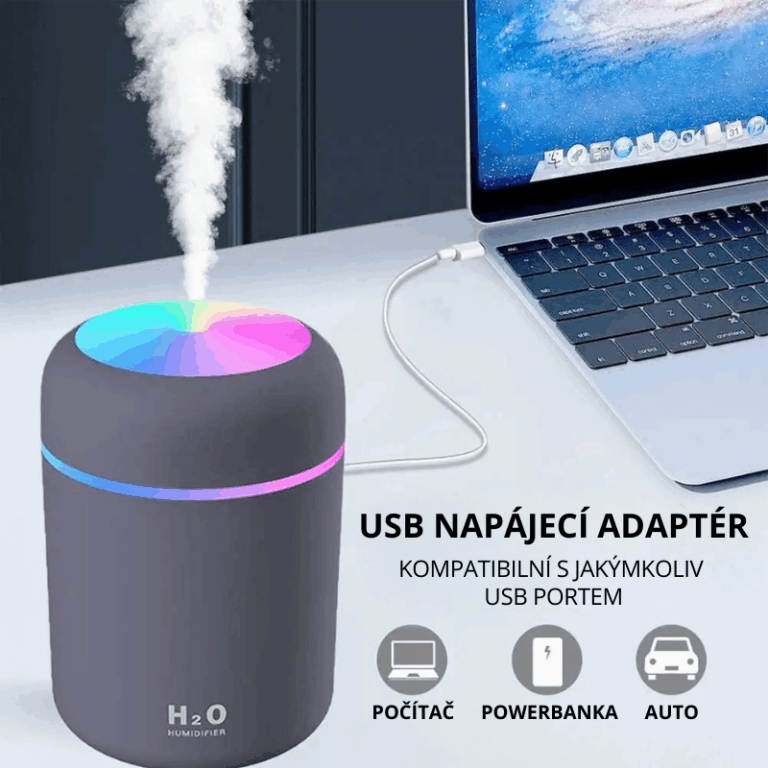 Bezdrátový USB zvlhčovač vzduchu H2O s barevným LED podsvícením, který lze napájet z počítače, powerbanky nebo auta, s funkcí odpařování vody zobrazený vedle notebooku.