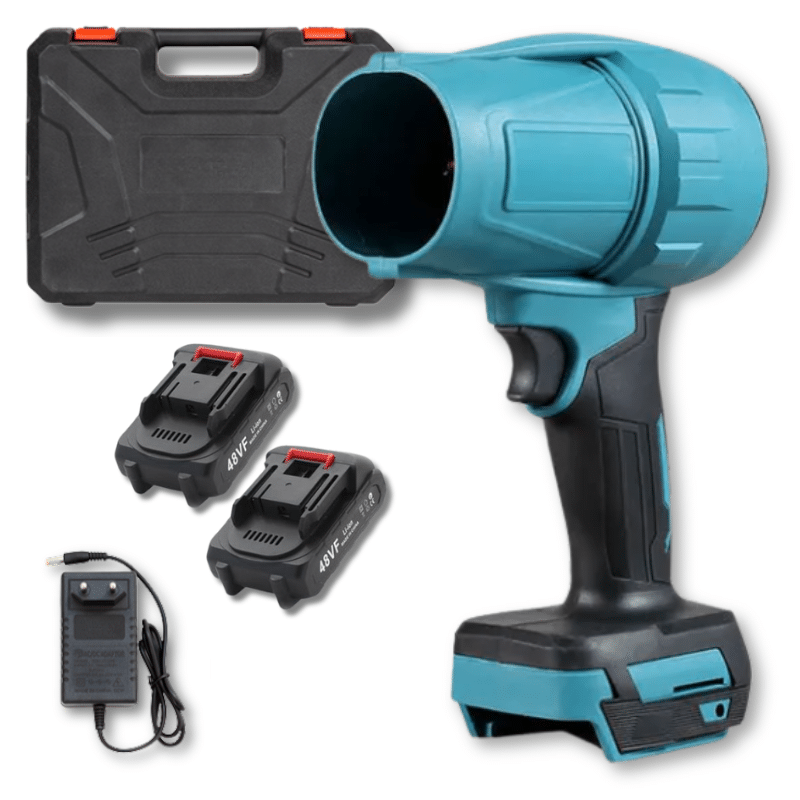 Modrá aku vrtačka nebo rázový utahovák v tyrkysovo-černém designu s černým kufříkem, náhradní baterií a nabíječkou.