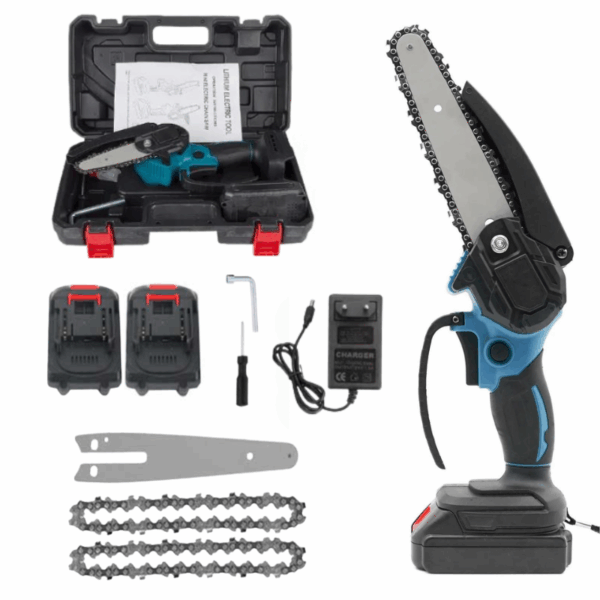Akumulátorová elektrická píla v modro-černém provedení s příslušenstvím, včetně náhradních řetězů, baterií, nabíječky a plastového kufříku.