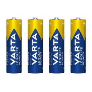 Čtyři modro-žluté baterie Varta Longlife Power AA, zobrazené vedle sebe na bílém pozadí.