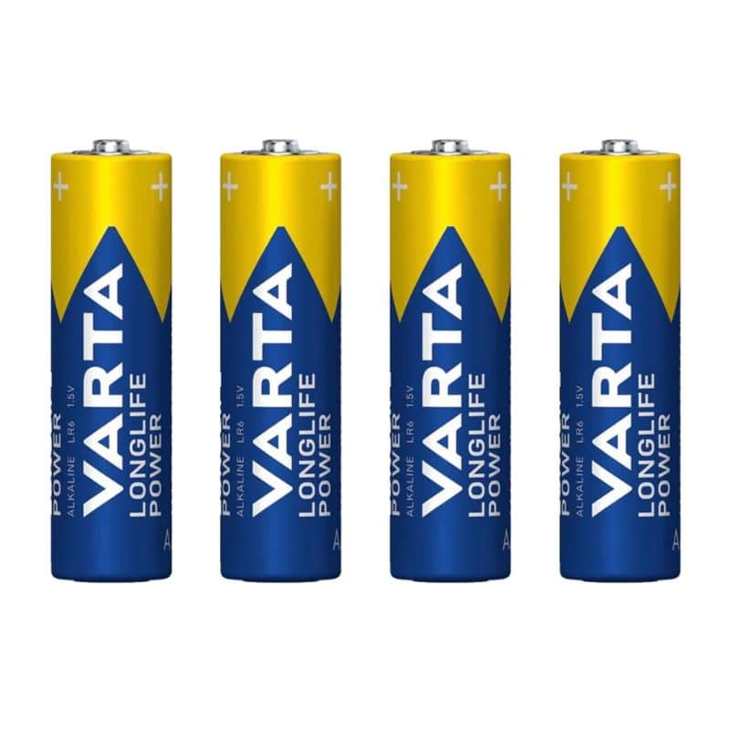 Čtyři modro-žluté baterie Varta Longlife Power AA, zobrazené vedle sebe na bílém pozadí.