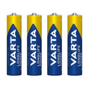 Čtyři alkalické baterie AA značky Varta Longlife Power v modro-žlutém designu, určené pro dlouhodobé použití v různých elektronických zařízeních.