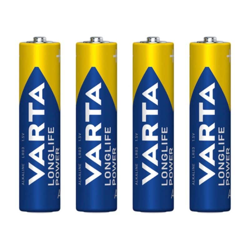Čtyři alkalické baterie AA značky Varta Longlife Power v modro-žlutém designu, určené pro dlouhodobé použití v různých elektronických zařízeních.