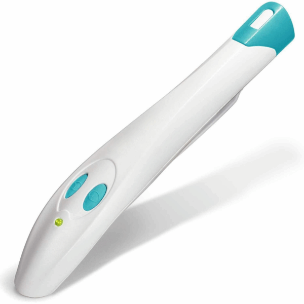 Bílý elektronický teploměr s tyrkysovými prvky, určený pro měření teploty těla, s několika ovládacími tlačítky a zeleným indikačním světlem.