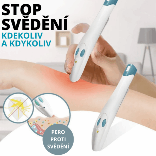 Pero určené k zastavení svědění, které se přikládá na podrážděnou pokožku s červeným zánětlivým zabarvením, s detailním pohledem na mechanismus působení přístroje.