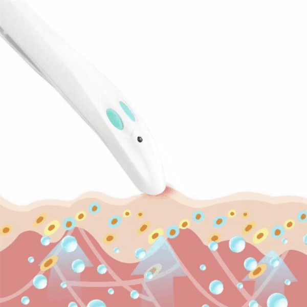 Ilustrace znázorňující kosmetický přístroj nebo nástroj aplikující sérum nebo hydratační látku na pokožku s bublinkami a molekulami v detailním mikroskopickém pohledu.