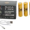 Dobíjecí čelovka P160 značky X-Balog s USB nabíjením, obsahující tři zlaté baterie a nabíjecí kabel, určená pro outdoorové aktivity s dosahem světla až 1000 metrů.