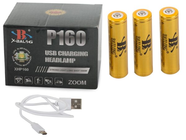 Dobíjecí čelovka P160 značky X-Balog s USB nabíjením, obsahující tři zlaté baterie a nabíjecí kabel, určená pro outdoorové aktivity s dosahem světla až 1000 metrů.