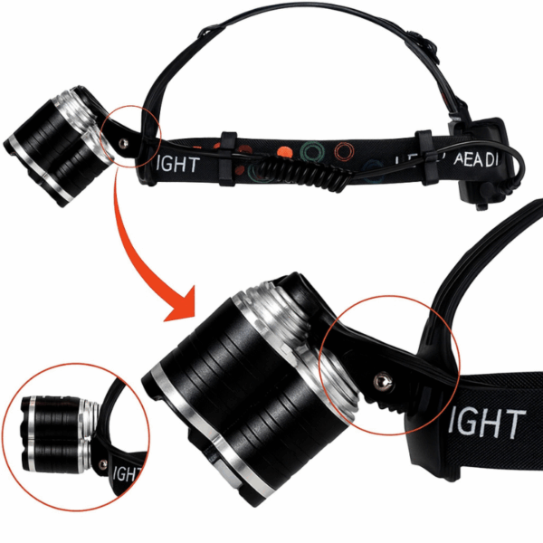 Černá čelová svítilna s nastavitelným úchytem, skládající se z robustního světlometu s černým a stříbrným designem a černým páskem upevněným kolem hlavy.