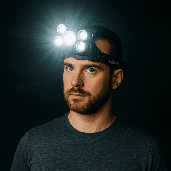 Muž v šedém tričku s čelovou LED svítilnou, která osvětluje tmavé pozadí několika jasnými světelnými body.