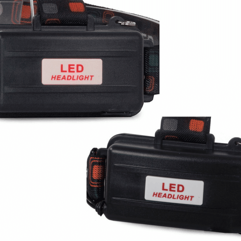 Černé LED čelovky se štítkem "LED HEADLIGHT", zobrazené z různých úhlů na bílém pozadí, s černým popruhem s oranžovými detaily.