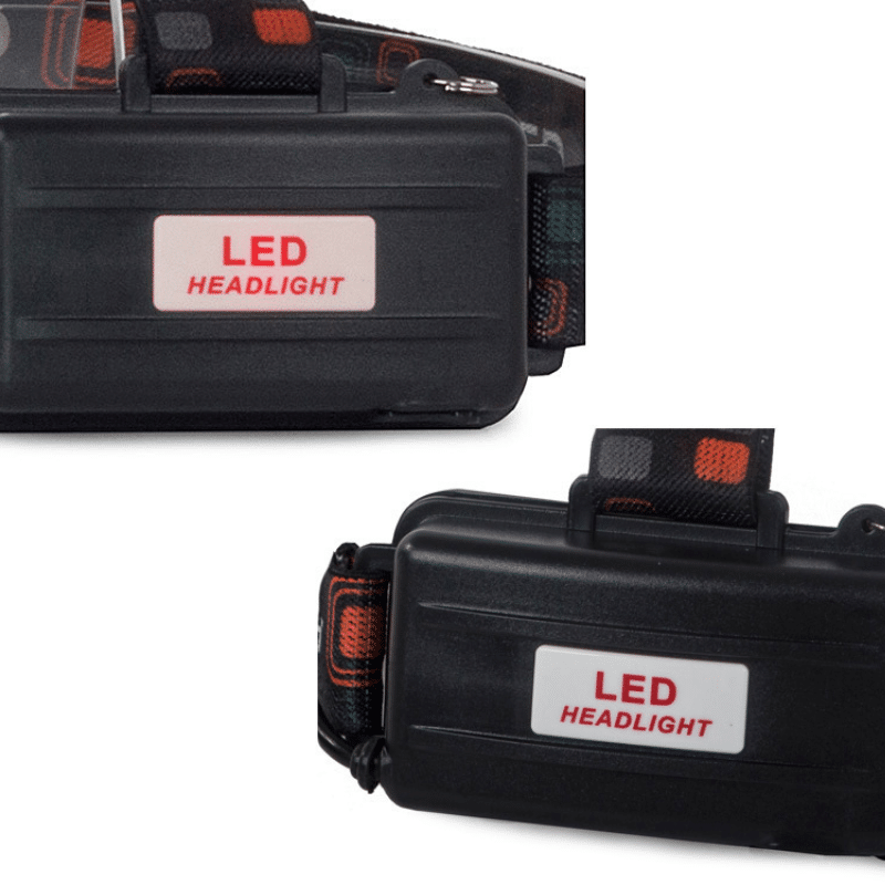 Černé LED čelovky se štítkem "LED HEADLIGHT", zobrazené z různých úhlů na bílém pozadí, s černým popruhem s oranžovými detaily.