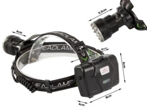 Čelová LED svítilna s černým designem, skládající se z lampičky s úchytem na hlavu a externího bateriového modulu s rozměry vyznačenými měřicími čarami.
