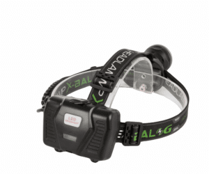 Černá LED čelovka s nastavitelným popruhem, určená pro noční aktivity a outdoorové sporty, vybavená integrovaným dobíjecím akumulátorem a regulací intenzity svícení.