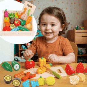 Malé dítě se usmívá u stolu plného barevných dřevěných hraček ovoce a zeleniny, určených pro výukové a kreativní hraní.
