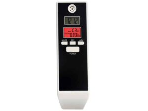Digitální přístroj s LCD displejem, černobílý design, určený pravděpodobně pro měření alkoholu v dechu s funkcemi MODE, SET a ADJ.