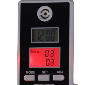 Digitální zařízení s LCD displejem zobrazující čas 12:00 a další nastavení na červeném pozadí, vybavené třemi ovládacími tlačítky MODE, SET a ADJ.