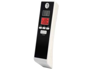Digitální přístroj s LCD displejem v černobílém designu, pravděpodobně dálkový ovladač nebo měřicí zařízení se čtyřmi tlačítky a červeně podsvíceným spodním displejem.