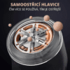 3D ilustrace samooštřicí hlavice s textem "Čím více se používá, tím je ostřejší", znázorňující mechanismus s kovovými čepelemi a měkkými kuličkami v kruhovém průhledném krytu.