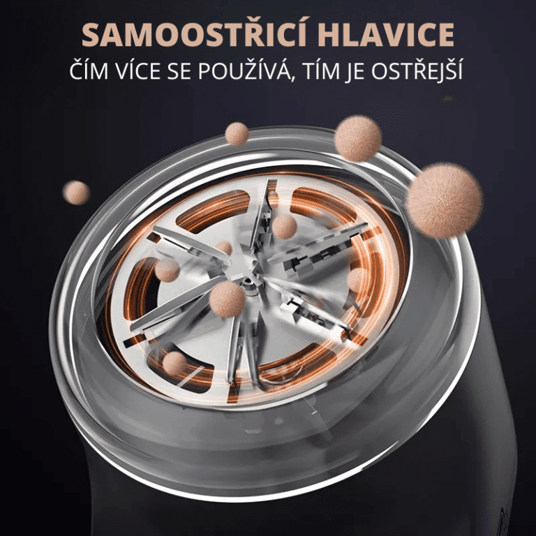 3D ilustrace samooštřicí hlavice s textem "Čím více se používá, tím je ostřejší", znázorňující mechanismus s kovovými čepelemi a měkkými kuličkami v kruhovém průhledném krytu.