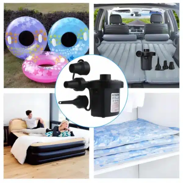 Elektrická pumpa obklopená různými nafukovacími předměty - plovací kruhy, nafukovací matrace do auta a ložnice, určená pro snadné a rychlé nahušťování.