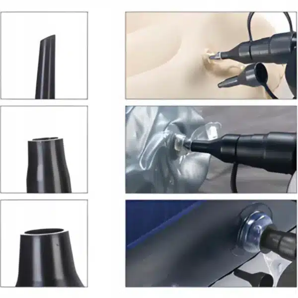 Tři fáze renovace plastového dílu pomocí horkovzdušné pistole - postupné tvarování a oprava povrchu černého plastového dílu.