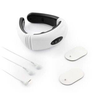 Bílý krční masážní přístroj s černými prvky, který sestává z ergonomicky tvarovaného límce a dvou přiložených elektrod pro elektrostimulaci.