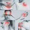 Série černobílých fotografií zobrazujících různé části těla s červeně zvýrazněnými oblastmi bolesti, včetně hlavy, ucha, ramene, paže a břicha, ilustrující různé typy fyzické bolesti.