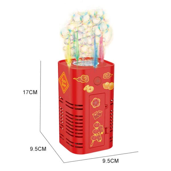 Červený elektronický přístroj ve tvaru válce s tradičními čínskými motivy, který vytváří barevné bublinky ve větrací části nahoře, s rozměry 17 x 9,5 x 9,5 cm.