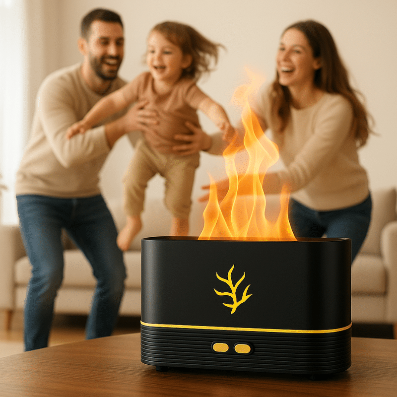 Černá elektrická aroma lampa s hořícím plamenem na dřevěném stole, v pozadí rodiče si hrají s dítětem a smějí se.