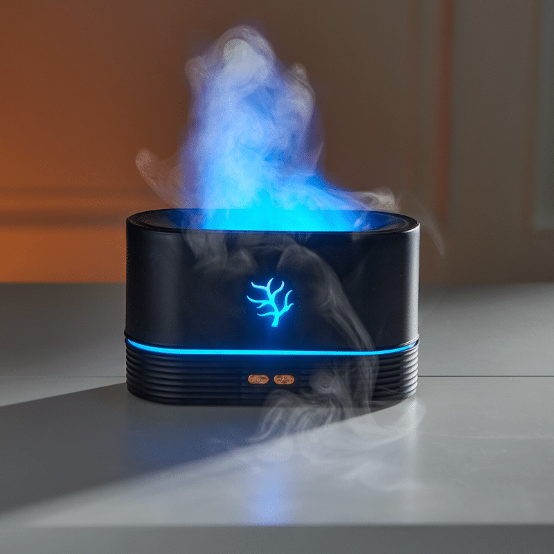 Černý difuzér éterických olejů s modrým podsvícením, který vytváří kouřovou mlhu ve tvaru stromu, umístěný na šedém povrchu.