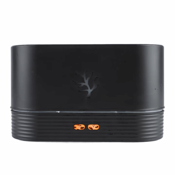 Černý reproduktor nebo multimediální zařízení s minimalistickým designem, s logem ve tvaru stromu na černém povrchu a dvěma oranžovými kontrolkami.