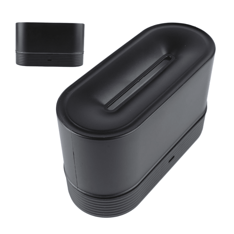 Černá elektronická krabička s podlouhlým designem, zobrazená z většího a menšího úhlu v jednotném stylu a barvě.