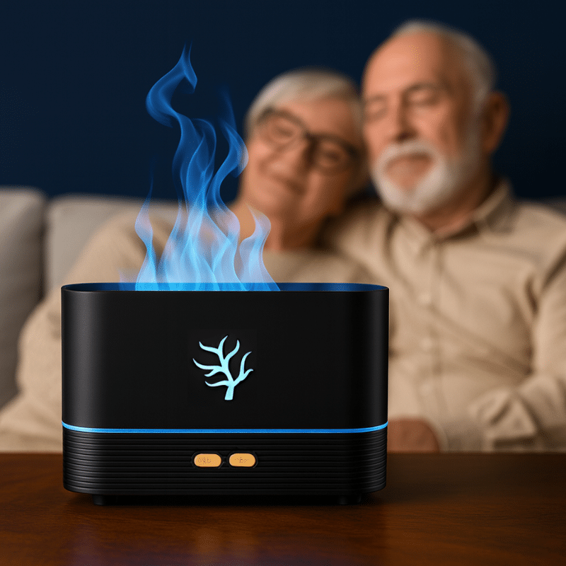 Černý aroma difuzér s modrým plamenem v popředí, v pozadí starší pár s brýlemi v teplém oblečení, relaxující na pohovce.