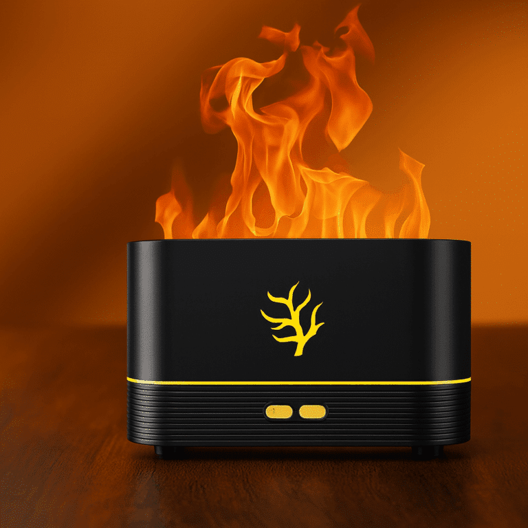 Černé multimediální zařízení s žlutým logem ve tvaru větve, ze kterého šlehají intenzivní oranžové plameny na tmavém pozadí.