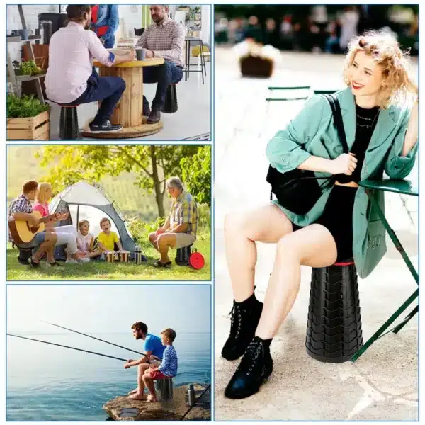 Čtyři scény zobrazující využití skládací stoličky v různých prostředích - v kanceláři, při kempování, focení a rybaření - demonstrující všestrannost a mobilitu praktického designového doplňku.