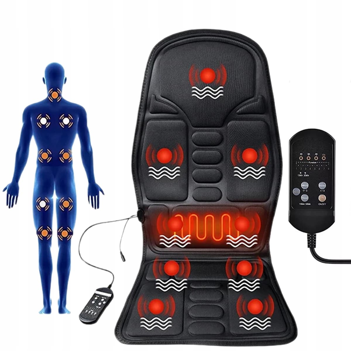 Masážní podložka s černým potahem a červenými body, která znázorňuje body masáže na modré siluetě lidského těla, včetně dálkového ovladače pro ovládání intenzity a druhů masáže.