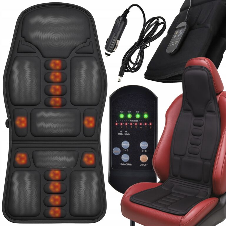 Černá masážní podložka s vyhříváním do auta, vybavená ovladačem s LED indikátory, určená pro montáž na sedadlo s červeným čalouněním.