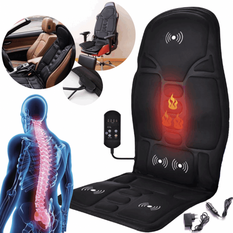 Masážní vyhřívaná podložka do auta nebo křesla s ovladačem, určená k uvolnění svalů a zmírnění bolesti zad pomocí tepla a vibrací.
