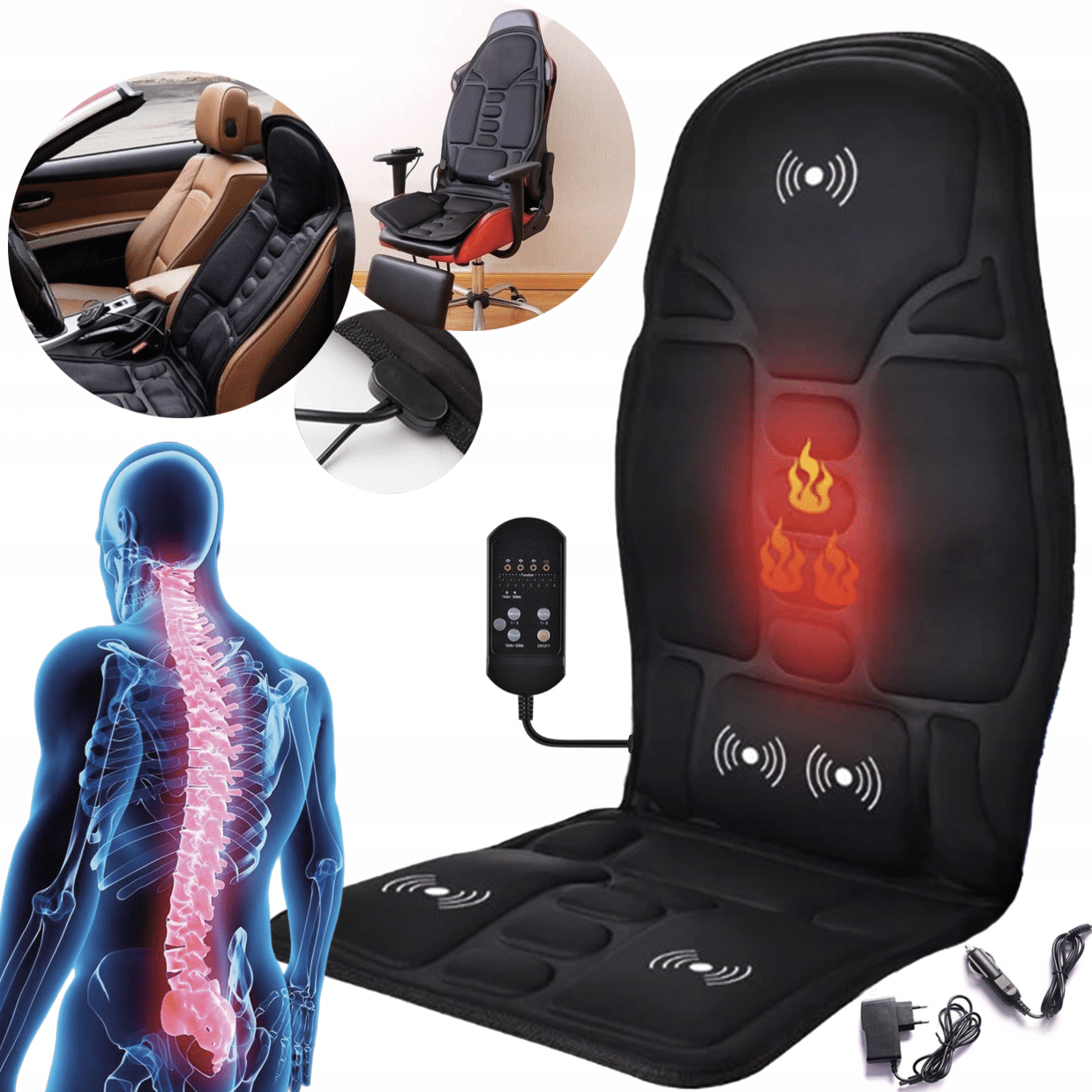 Masážní vyhřívaná podložka do auta nebo křesla s ovladačem, určená k uvolnění svalů a zmírnění bolesti zad pomocí tepla a vibrací.