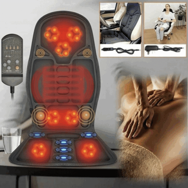 Masážní podložka s vyhříváním zobrazená z různých úhlů, určená pro uvolnění svalů a zmírnění bolesti pomocí tepelné a masážní terapie.