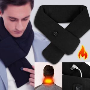 Černá vyhřívaná šála s elektrickým ohřevem, nabíjená přes USB, určená pro zimní období a udržení tepla krku a horní části těla.