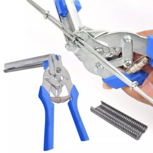 Speciální kleště s modrými rukojeťmi pro instalaci a napínání drátěných spon, včetně ukázky kovových spon a detailu kleští.