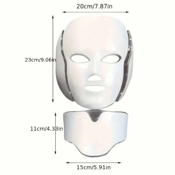 Bílá LED obličejová maska s rozměry 20x23 cm, složená ze dvou částí pro obličej a krk, určená pro kosmetické nebo terapeutické účely.
