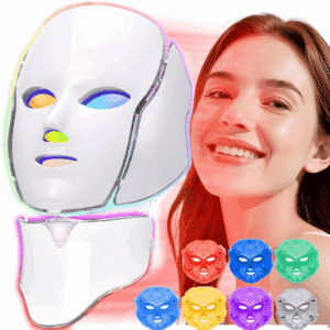 Bílá LED obličejová maska s několika barevnými nasvícenými verzemi vedle usměvavé ženy, určená pro kosmetické ošetření pleti pomocí barevné světelné terapie.
