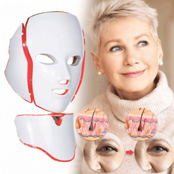 LED světelná maska na obličej vedle starší usměvavé ženy, s detailním pohledem na změny struktury pokožky před a po použití přístroje.