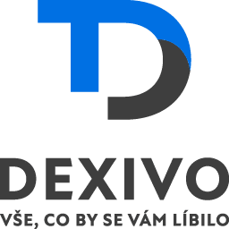 Logo společnosti Dexivo, sestávající z písmene D v modro-šedém designu s podfiremním heslem "Vše, co by se vám líbilo".