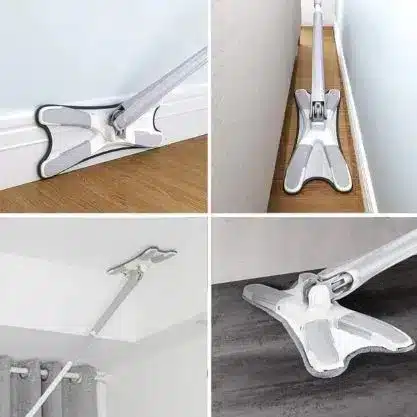 Bílá teleskopická tyč s kovovým úchytem ve tvaru kříže, určená pro snadné čištění rohů a obtížně dostupných míst, zobrazená z různých úhlů na dřevěné a šedé podlaze.