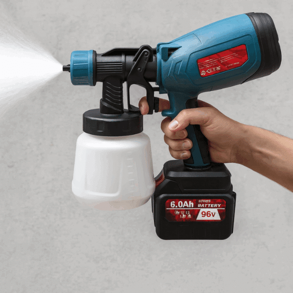 Ruční elektrická stříkací pistole v modro-černém provedení s bílým spodním kontejnerem, napájená 96V baterií s kapacitou 6,0 Ah, určená pro nanášení barev nebo jiných nátěrových hmot.