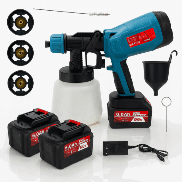 Dobíjecí bezdrátový malířský stříkací pistole s modro-červeným designem, třemi náhradními bateriemi 6.0Ah, nabíječkou a příslušenstvím.